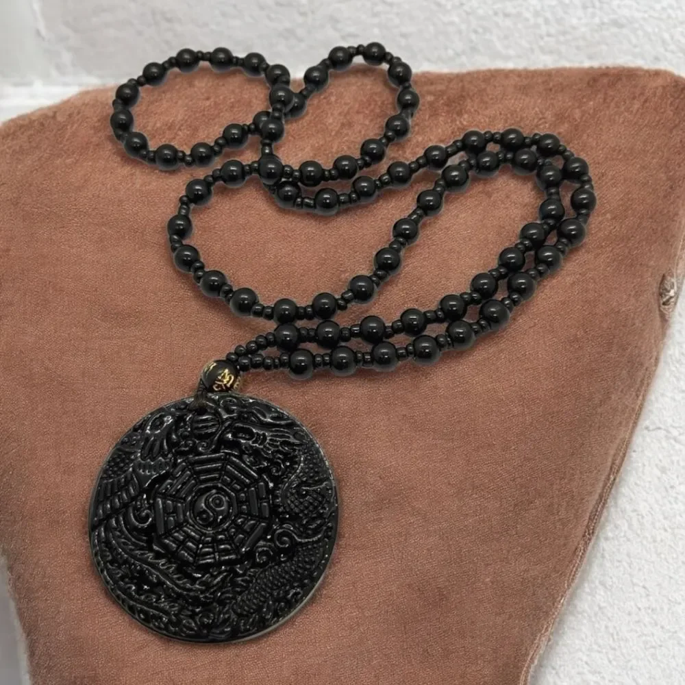 Black Obsidian Dragon Phoenix Pendant Necklace Feng Shui Good Luck Charm Fantasy